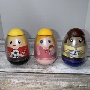 Set of 3 2009 Hasbro Weebles 3" Boy Soccer Player , Girl W/ Doll & Boy W/Boat